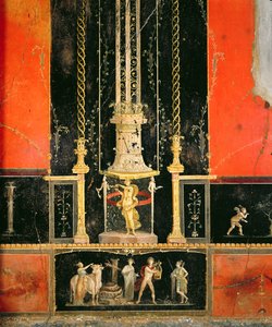 Détails mythologiques et décoratifs du mur est dans la chambre des amoureux, Casa dei Vettii, vers 5-79 AD - Roman